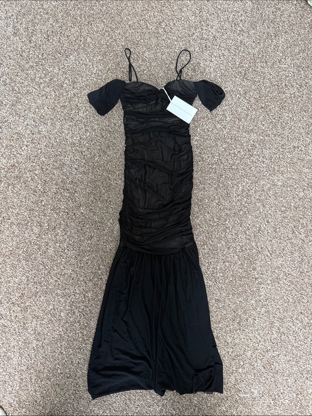 Saints + Secrets Black Off-Shoulder Ruched Evening Dress